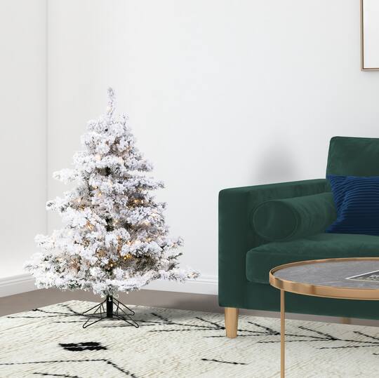 4.5ft. Pre-Lit Flocked Alaskan Pine Artificial Christmas Tree, White LED Lights